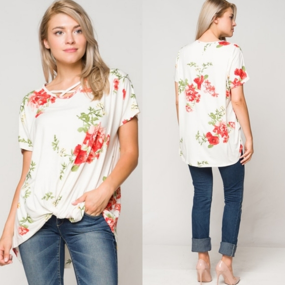 Crepas Tops - ❤Floral Knot Front Short Sleeve Tunic Top